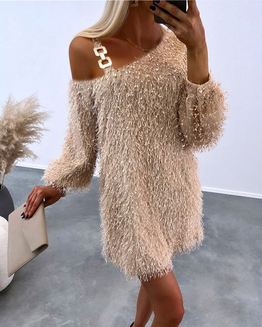 Women's Fashion Round Neck Furry Tassel Dress Jumpsuits