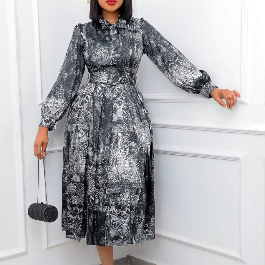 Long Sleeve High Waist Print Banquet Dress