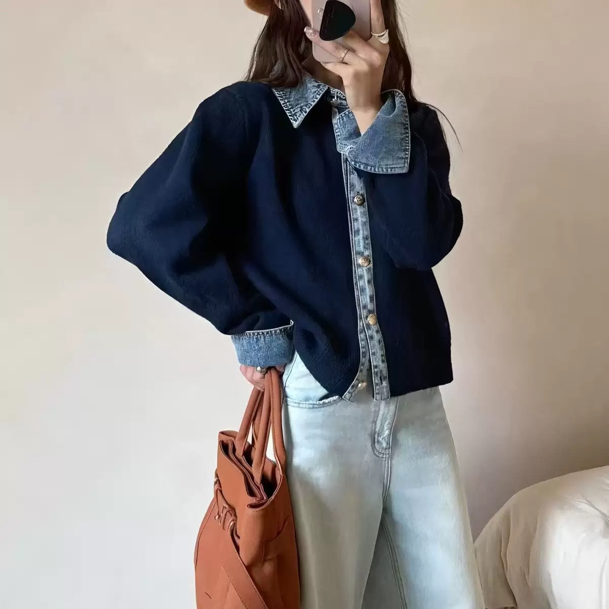 Denim Stitching Fake Two Pieces Female Sweaters