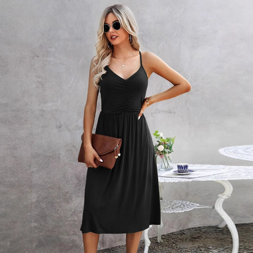 Women's Summer Fashion Temperament Solid Color Suspender Dress