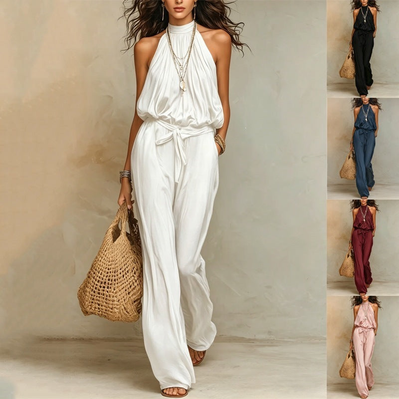 Women's Bohemian Halter Cotton Brocade Waist Vacation Sleeveless Women's Jumpsuit/clothing