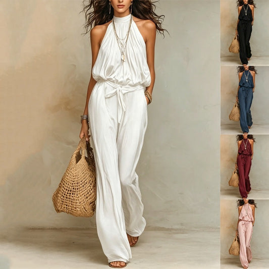 Women's Bohemian Halter Cotton Brocade Waist Vacation Sleeveless Women's Jumpsuit/clothing