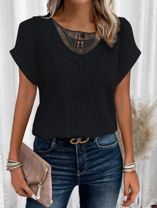 Pretty Fashion Women's Lace Patchwork Short-sleeved Women's T-shirt