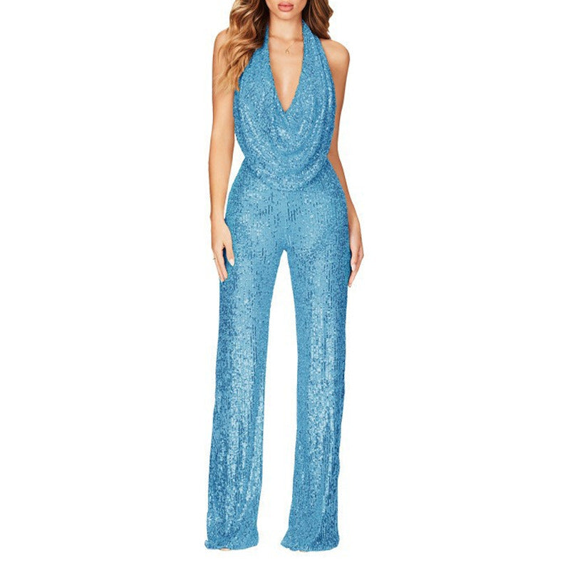 Women's Durable Summer Sleeveless Halter Sequined Jumpsuits