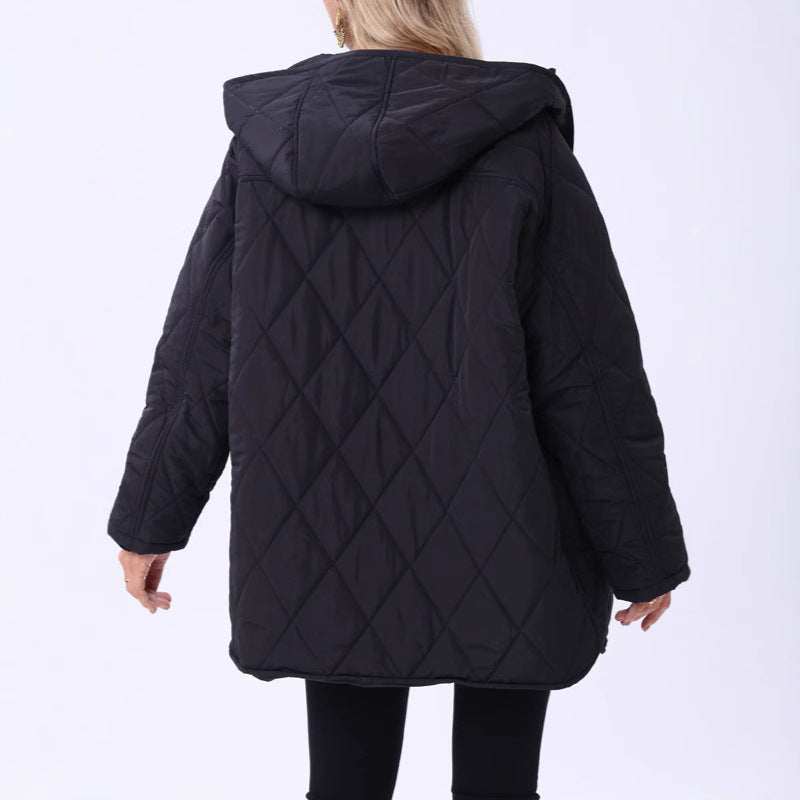 Women's Hooded Rhombus Plaid Quilted Black Coats