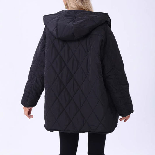 Women's Hooded Rhombus Plaid Quilted Black Coats