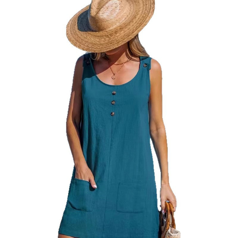 Pocket Button Beach Vacation Style Loose Dress