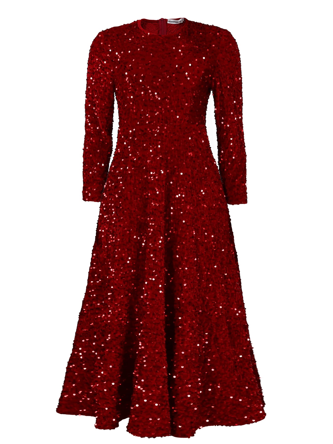 Women's Neck Long Sleeve Pure Color Sequins High Waist Temperament Mid-length Dress