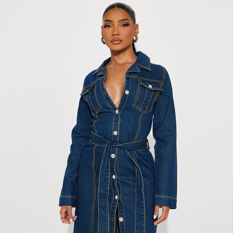 Women's Fashion Wear Denim Long-sleeved Midi Dress Jackets