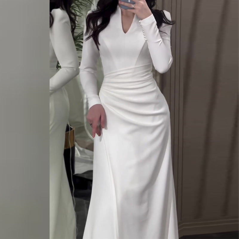 Color Slim Fit Gentle Pleated Long Dresses