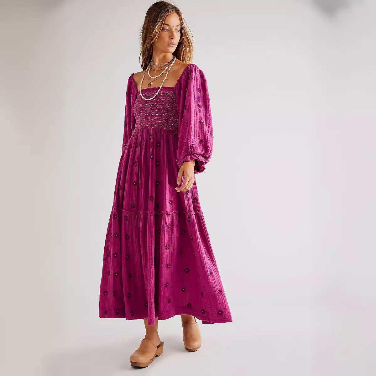 Autumn Casual Bell Sleeve Smocking Embroidered Square Dresses