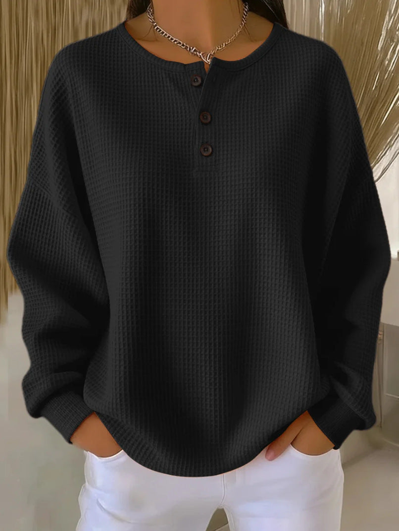 Round Neck Waffle Solid Color Pullover Women's Sweater, Sweater