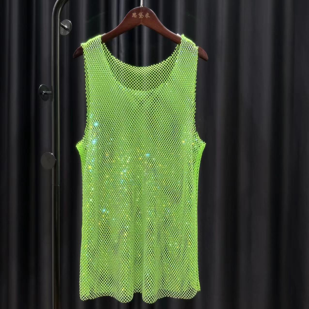 Women's & Men's & Rhinestone Long Mesh Shirt Hollow Blouses