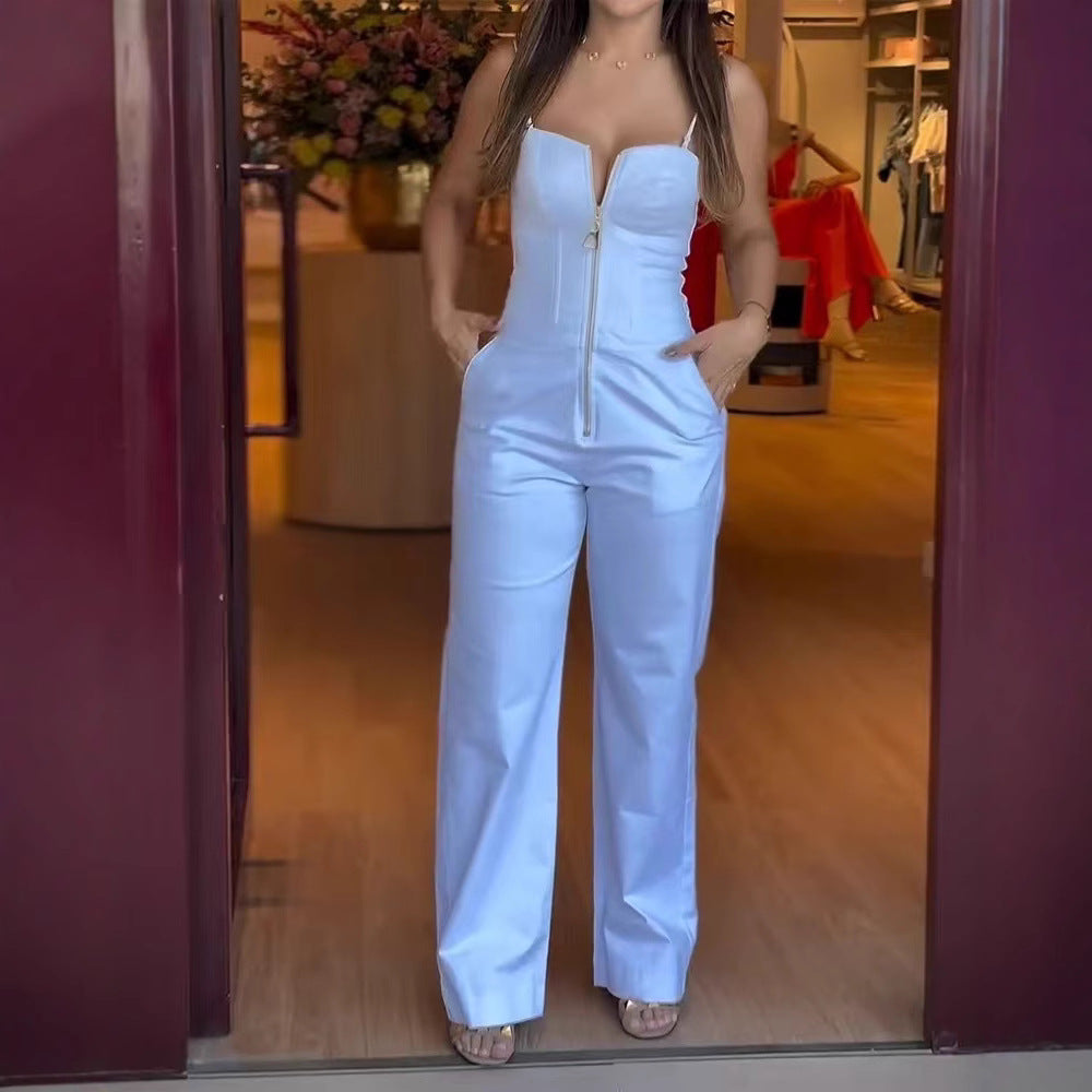 Unique Summer Solid Color Sling Pocket Jumpsuits