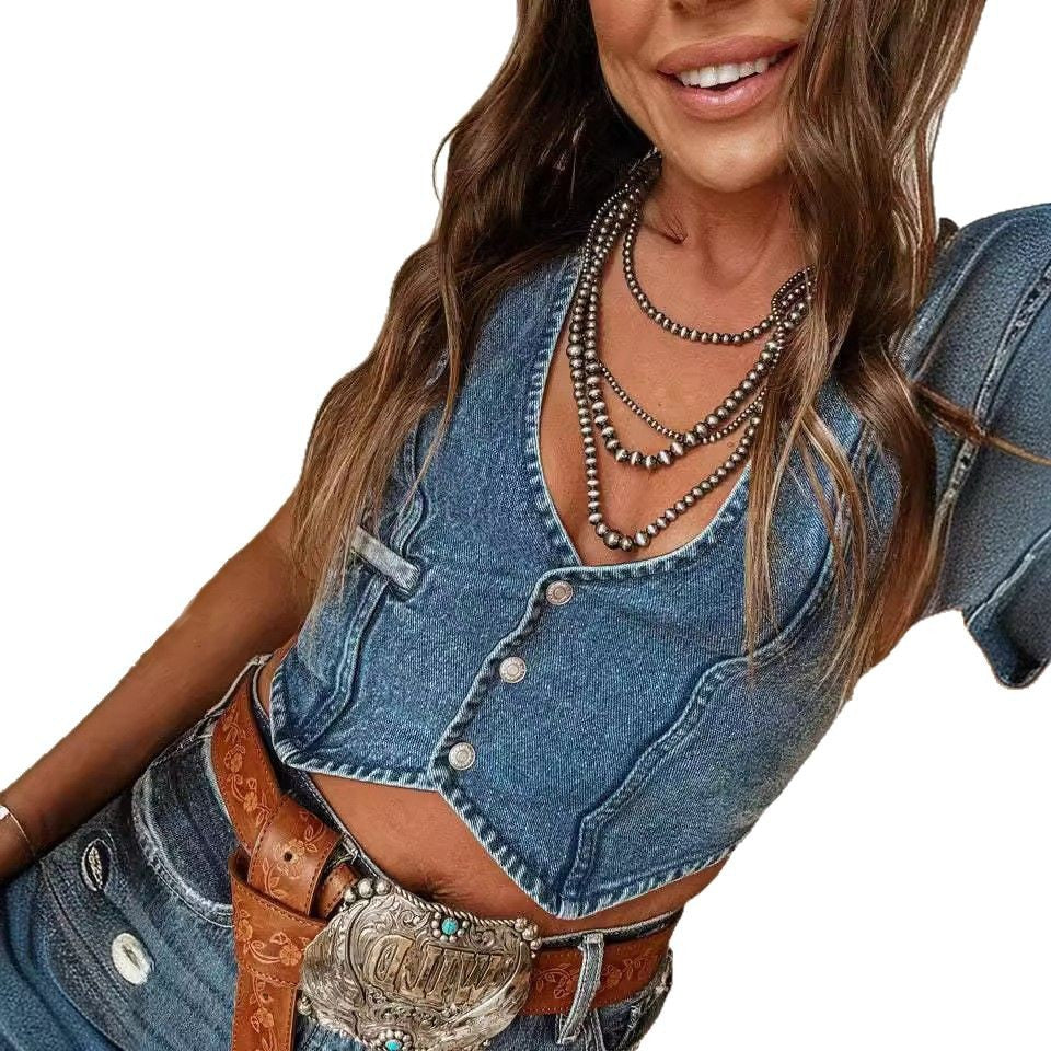 Women's Personalized Hot Sleeveless Single-breasted Denim Women's Vest