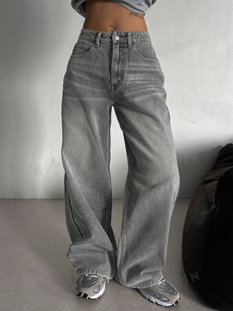 Gray High Waist Fashion Street Design Loose Jeans