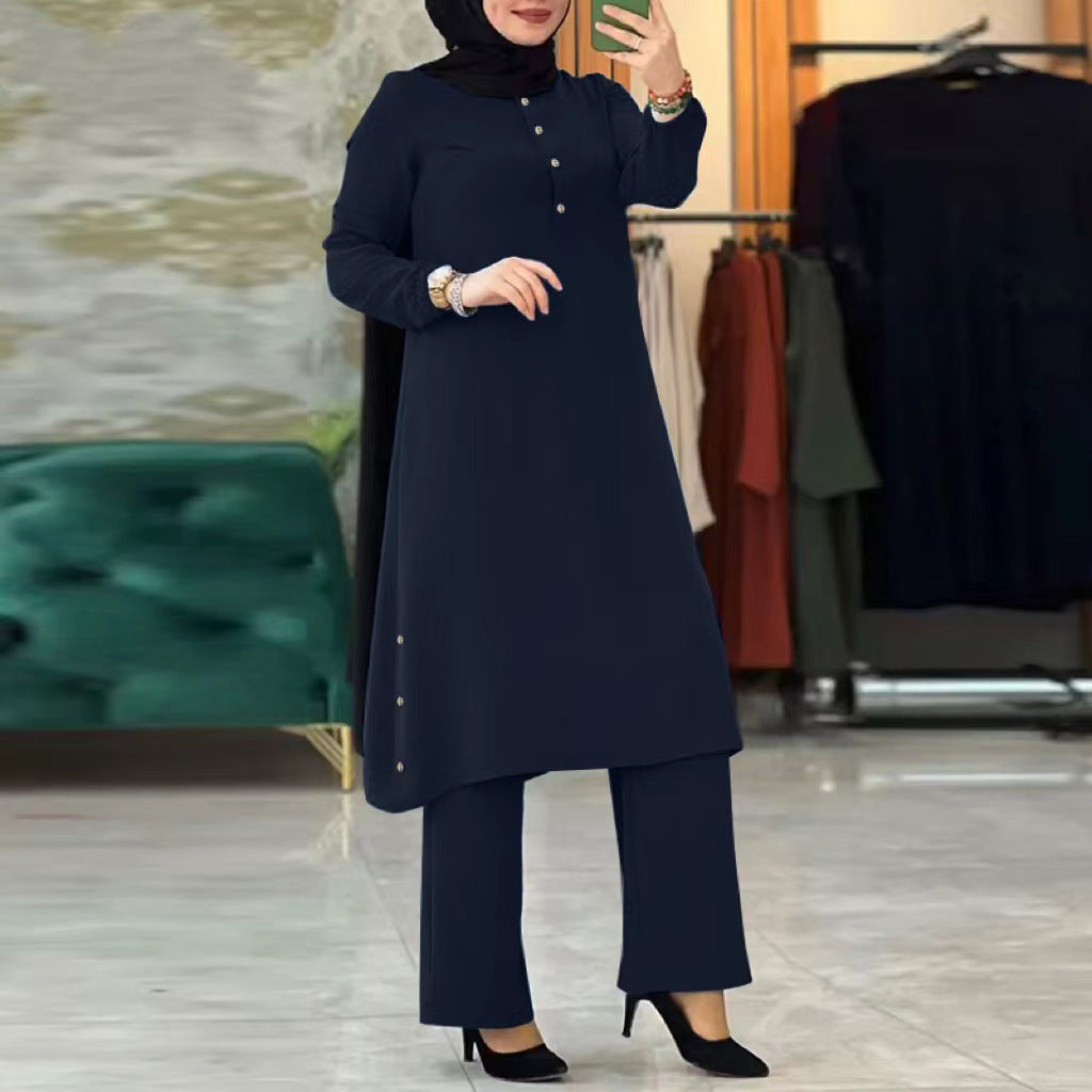 Women's Color Long Sleeve Side Seam Decoration Wooden Buckle Elastic Waist Suits
