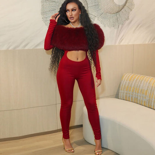 Women's Furry Stitching Sexy Long Sleeve Jumpsuits