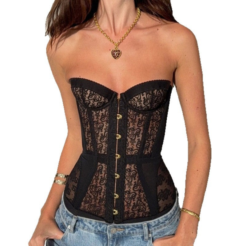 Cutout Corset Fishbone Tube Slim Lace Tops