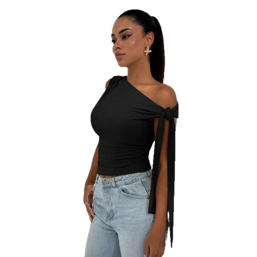 Women's Summer Fashion Street Shooting Ribbon Knot Oblique Tie Solid Color Women's T-shirt