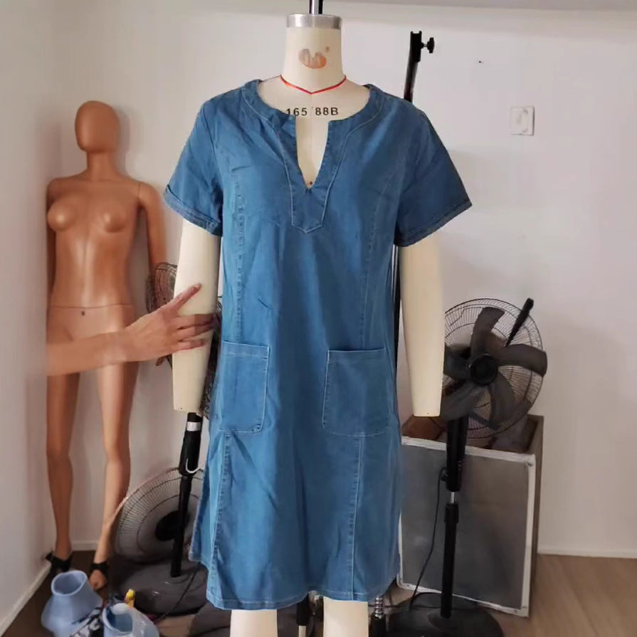 Women's Denim Dress With Collar Pleated Pockets Dresses