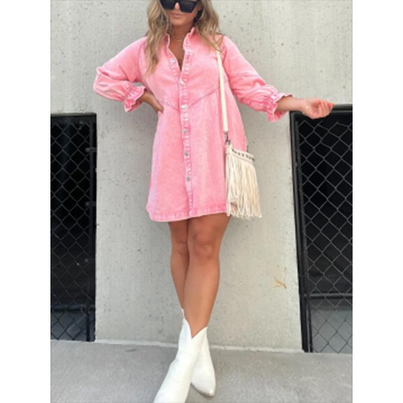 Washed Shirt Denim Lantern Sleeve Loose Dresses
