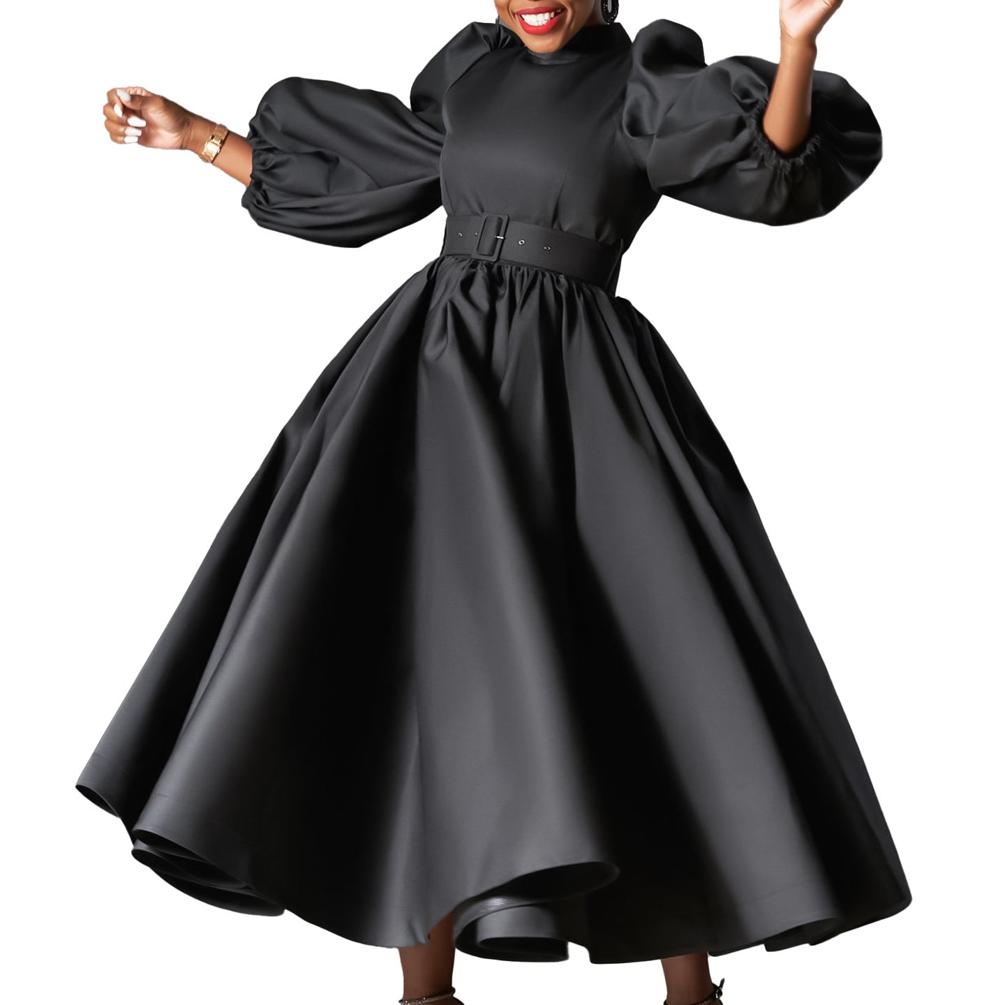 Women's Color Large Puff Sleeve Midi Dress Dresses