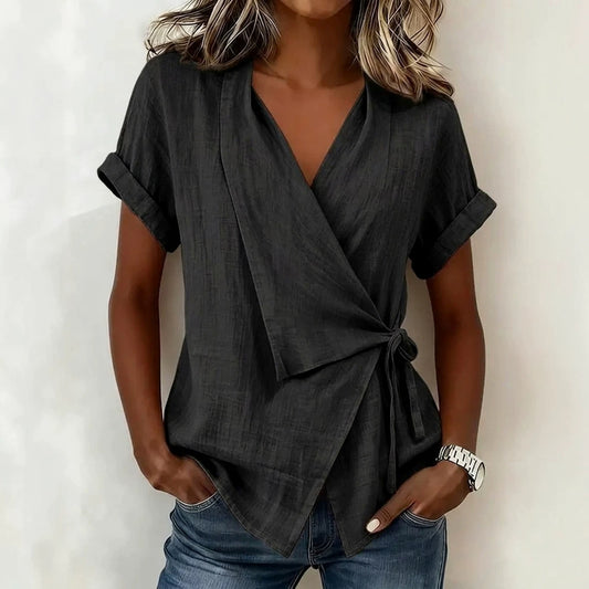 Summer Casual Solid Color Polo Collar Irregular Women's T-shirt