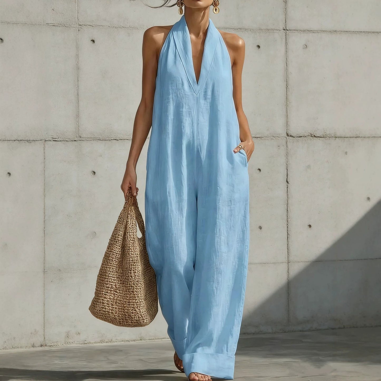 Cotton Linen Simplicity Elegant Sleeveless Casual Jumpsuits