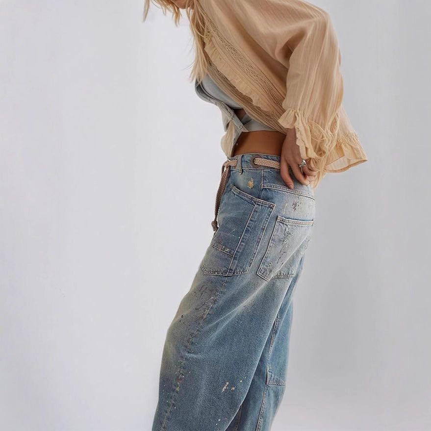 Women's Stitching Summer Loose Straight Drawstring Lace Jeans