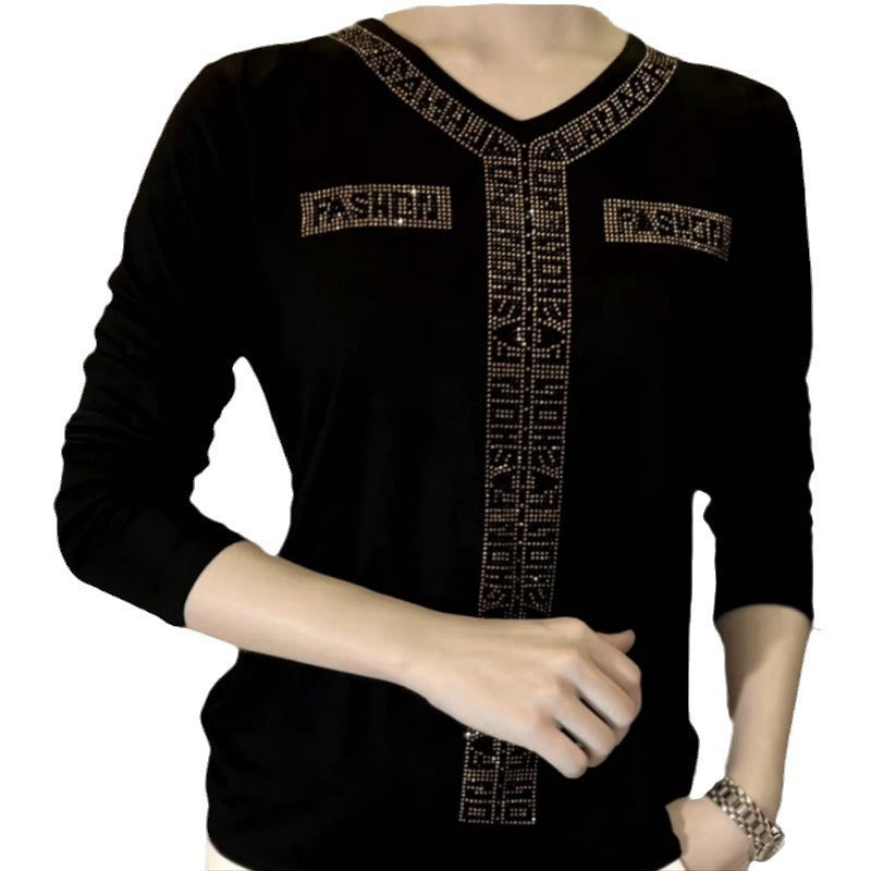 Women's Fleece-lined Thickened Winter Slimming Long-sleeved Rhinestone Women's T-shirt