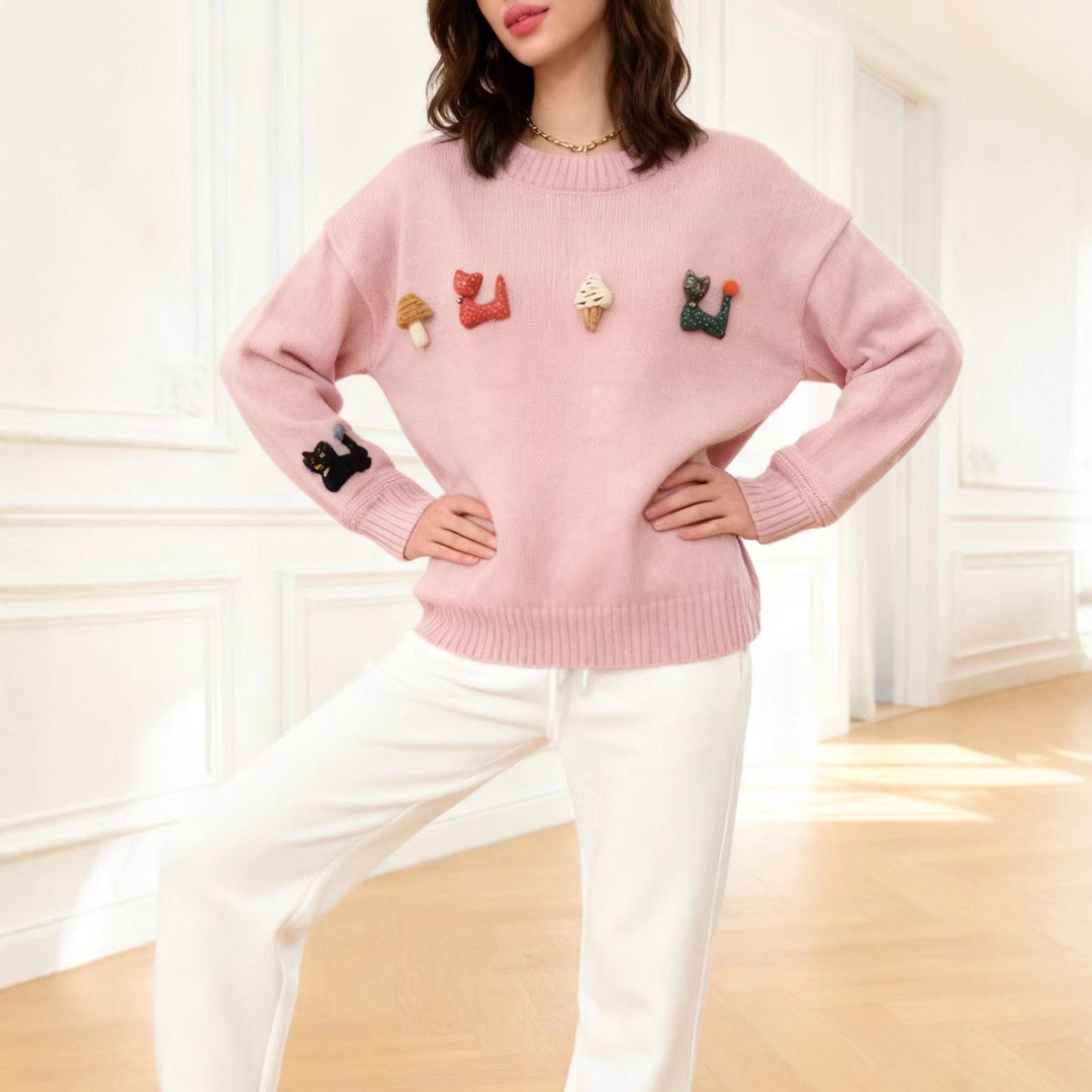 Casual Lazy Atmosphere Pink Crew Neck Sweaters