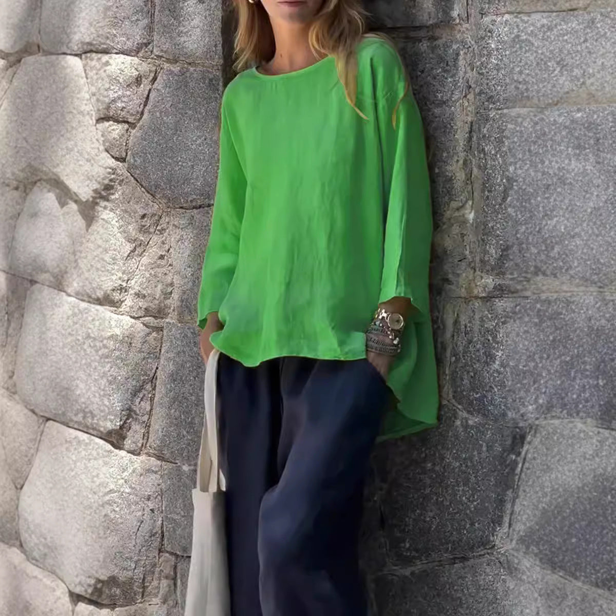 Women's Sleeve Round Neck Cotton Linen Loose Tops
