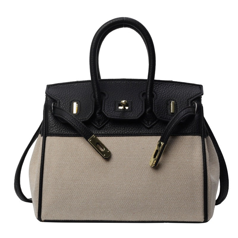 Women's Trendy Summer Lychee Pattern Canvas Contrast Shoulder Bags