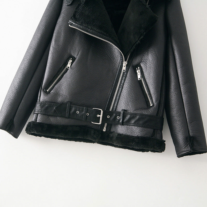 Women's Fur Stitching Leather Thickened Solid Color Coats