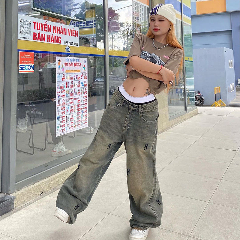 Women's Distressed Printed American Retro Easy Matching Long Low Waist Women's Jeans