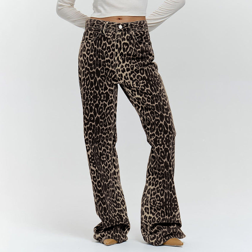 Women's Loose Low Waist Leopard Print Trousers Versatile Cotton Wide Pants