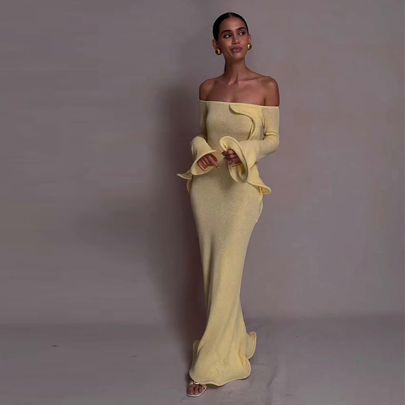 Women's Ruffled Long Sleeve Figure Flattering Dress Dresses