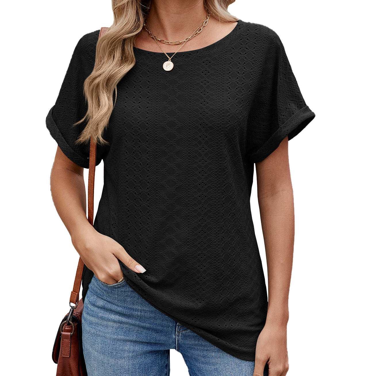 Women's Solid Color Round Neck Sleeves Loose-fitting Casual Women's T-shirt