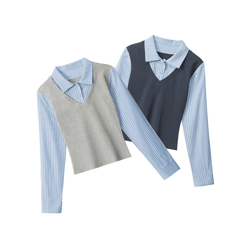 Women's Fake Two-piece Long-sleeved T-shirt American Autumn Slim Blouses