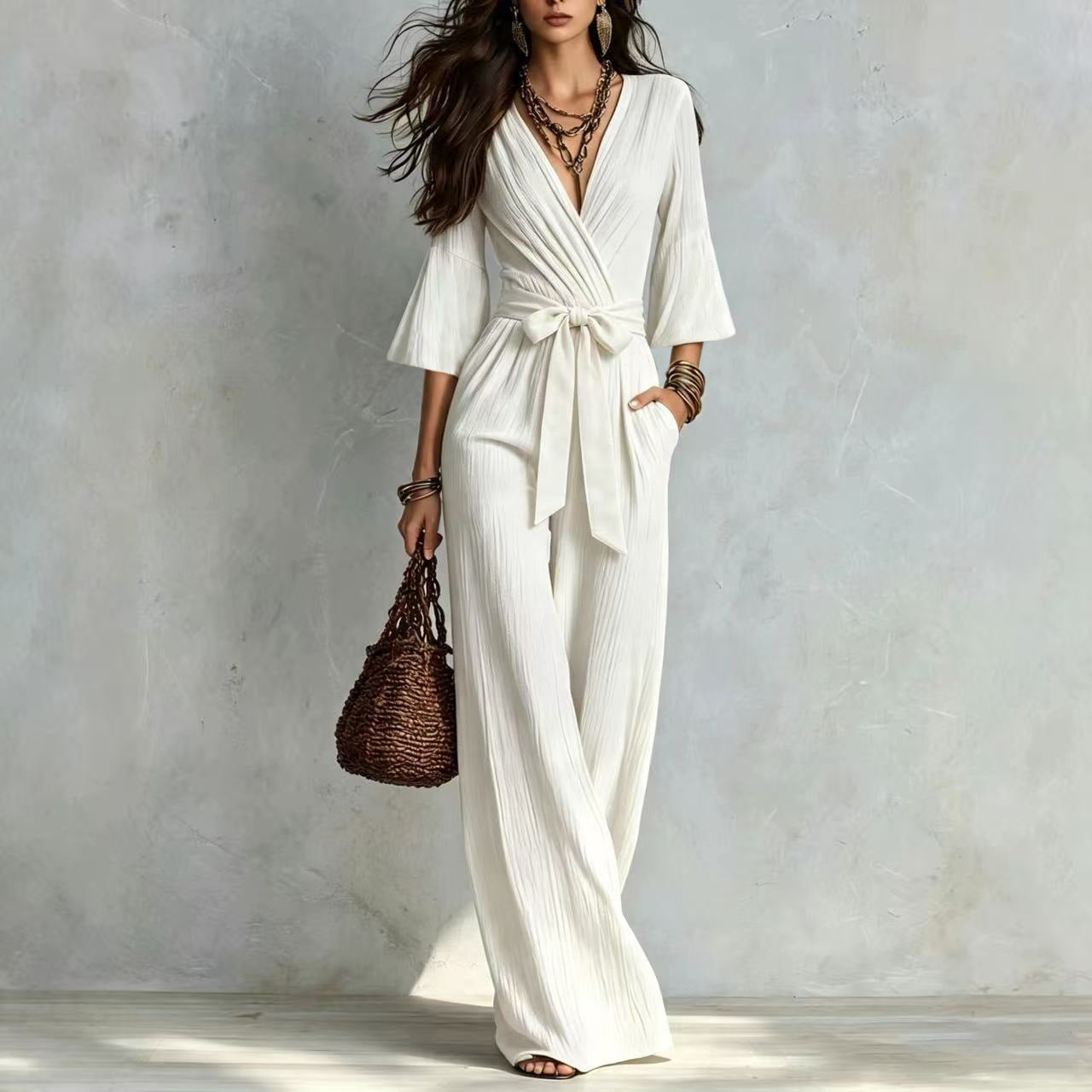 Deep V Puff Sleeve One-piece Female Belt Jumpsuits