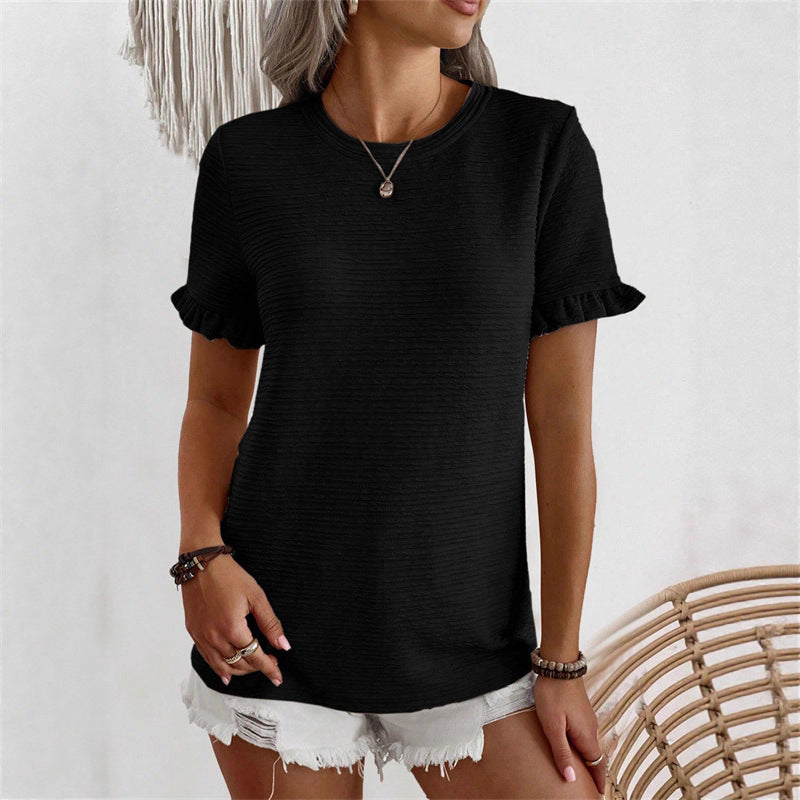 Women's Summer Round Neck Wooden Ear Sleeve Women's T-shirt