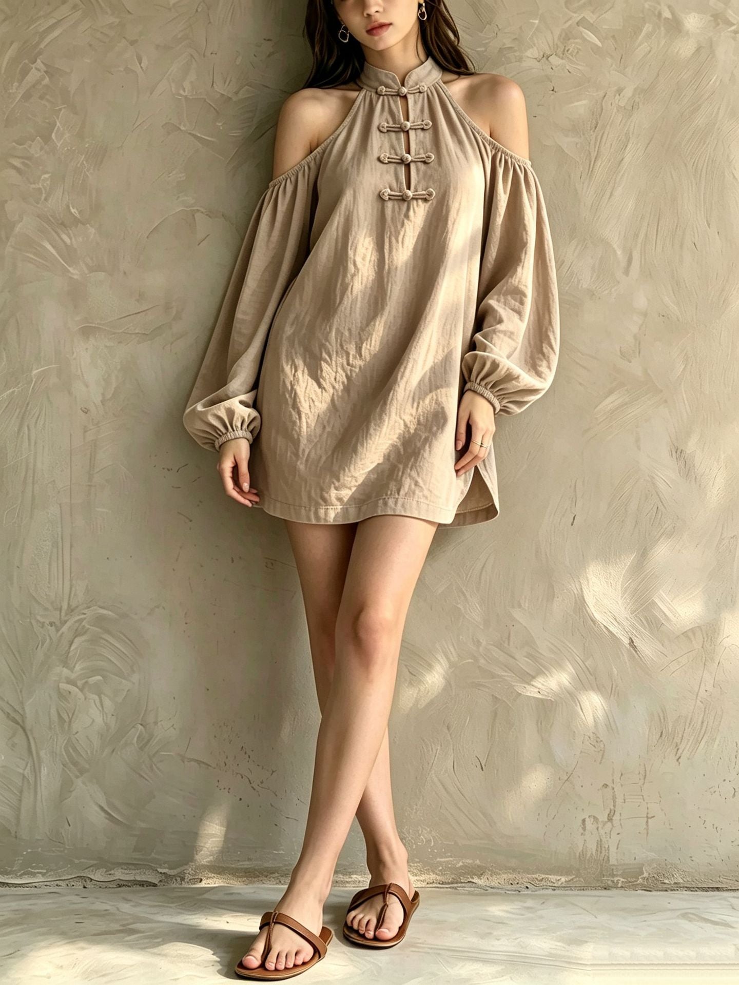 Women's Autumn Show Shoulder Long Sleeve Solid Color Loose Dress