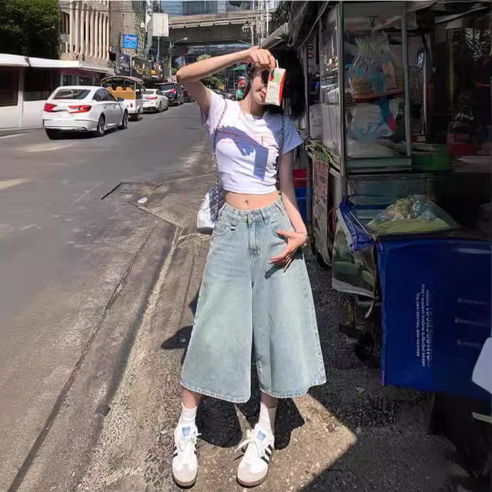 Women's Washed Distressed Cropped High Waist Loose Wide Leg For Women's Jeans