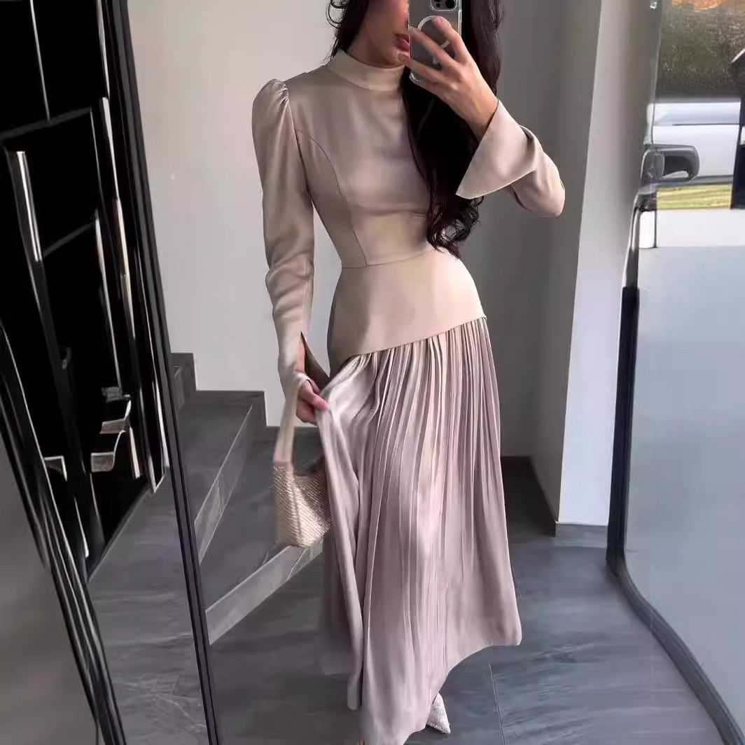 Women's Autumn Solid Color Fashion Stitching Design Round Dresses