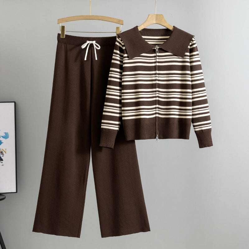 Women's Striped Korean Fashionable Casual Knitted Two-piece Suits