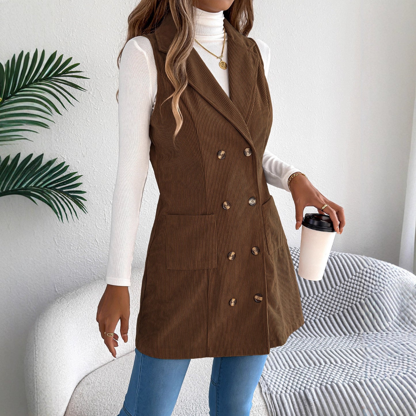 Women's Solid Color Double Breasted Pocket Corduroy Vests