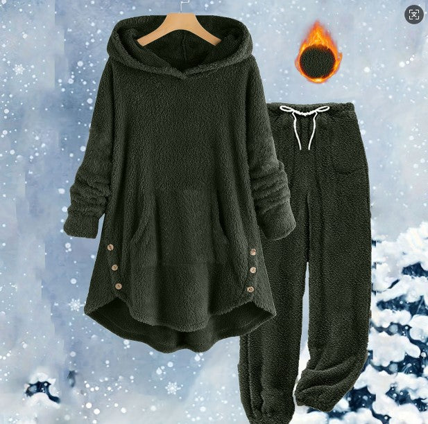 Women's Casual Solid Color Plush Hooded Long Sleeve Suits