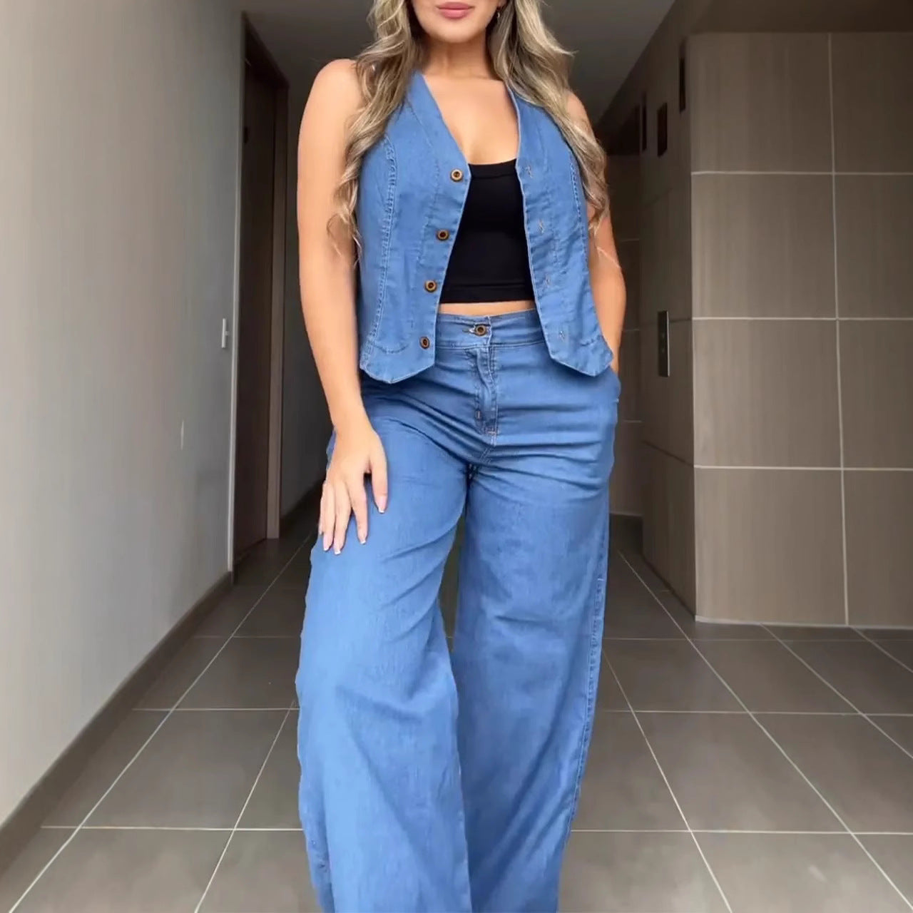 Solid Color Fashion Sleeveless Denim Two-piece Suits