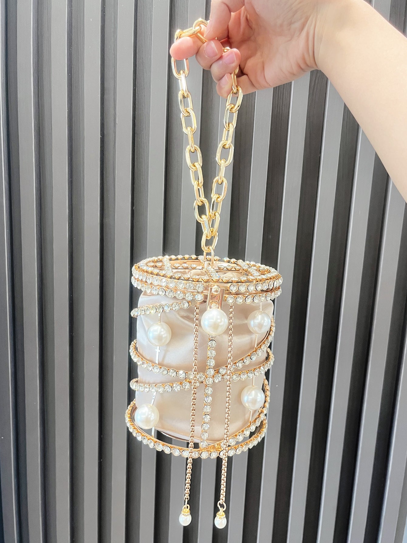 Women's Metal Pearl Diamond Chain Pig Cage Evening Bags